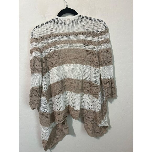 Chico's Sz 2 (US L 12) Open Front Knit Cardigan Beige White Stripe Sequin Detail - Picture 6 of 7